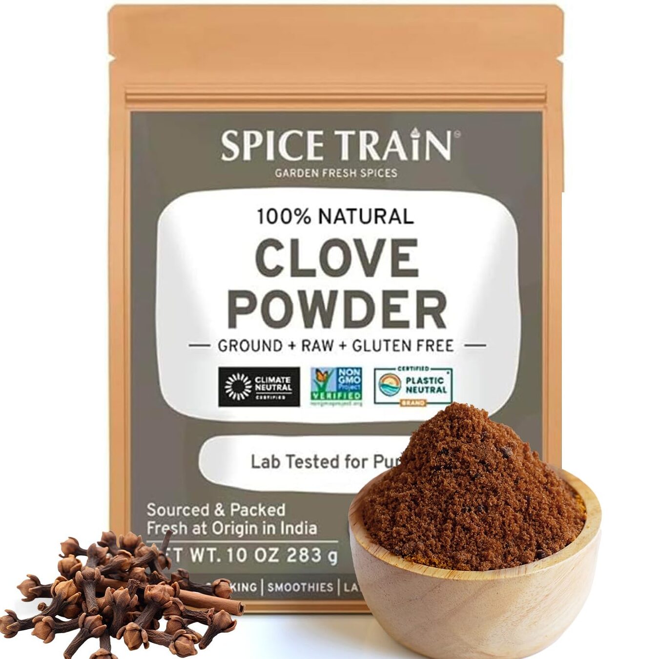 SPICE TRAIN Clavo molido (283 g/10 oz) vegano, sin gluten, procedente de la India, para cocinar, batidos, té, envasado en una bolsa con cierre resellable