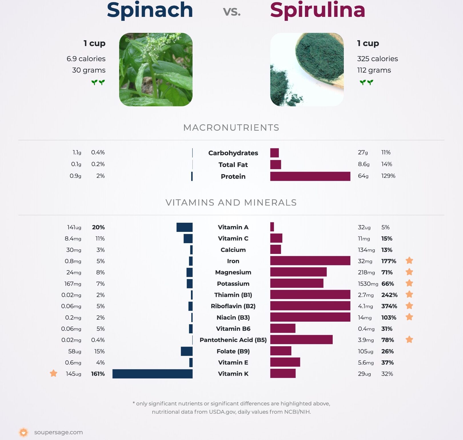 Comparación nutricional: espirulina versus espinacas